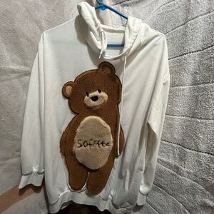 New White Hoodie with Brown Teddy Bear Design
